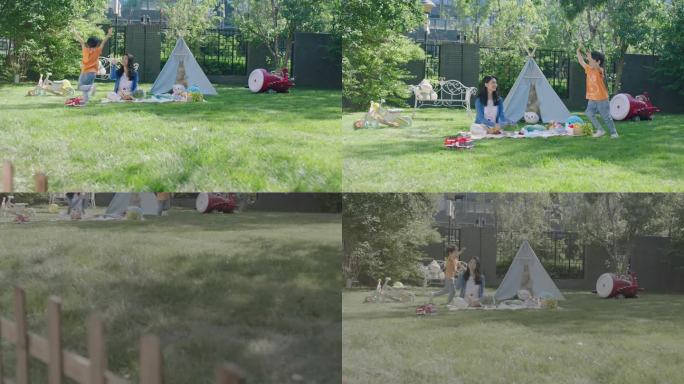 妈妈和孩子 玩耍 野营 帐篷 草地