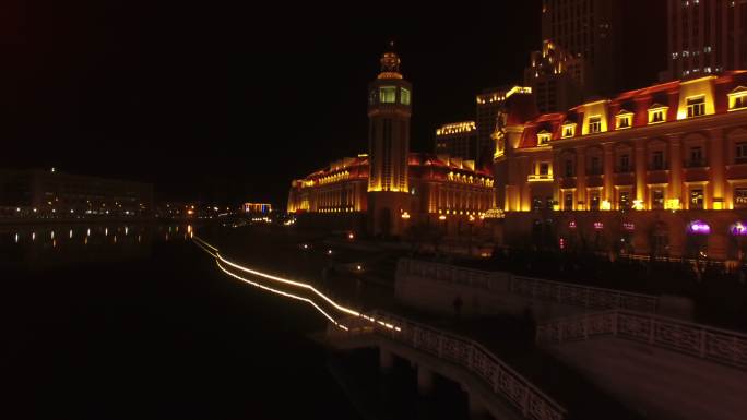 航拍4k傍晚美丽的天津城市