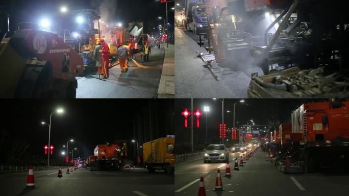 实拍夜间沥青就地热再生 夜间铺路 热再生