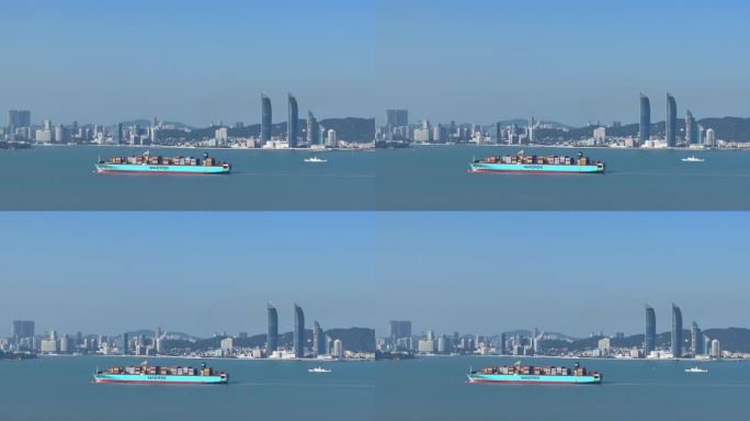 航拍厦门港厦门湾海域上航行的集装箱货轮