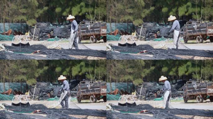 渔民在织补渔网