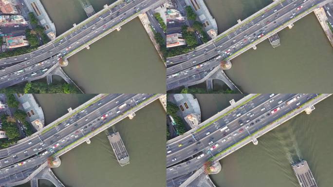 航拍广州一艘游船穿过人民桥
