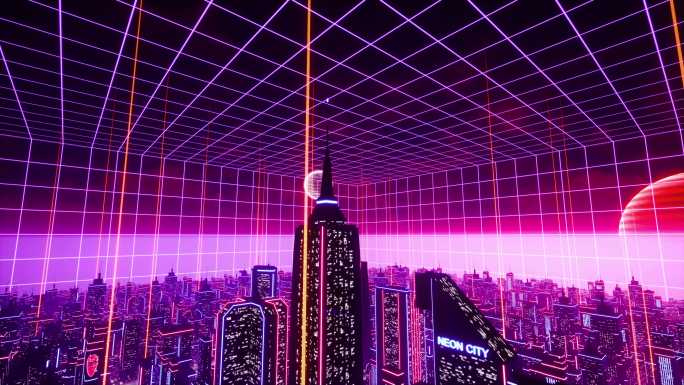 赛博朋克荧光都市穿梭霓虹线条城市空间大屏