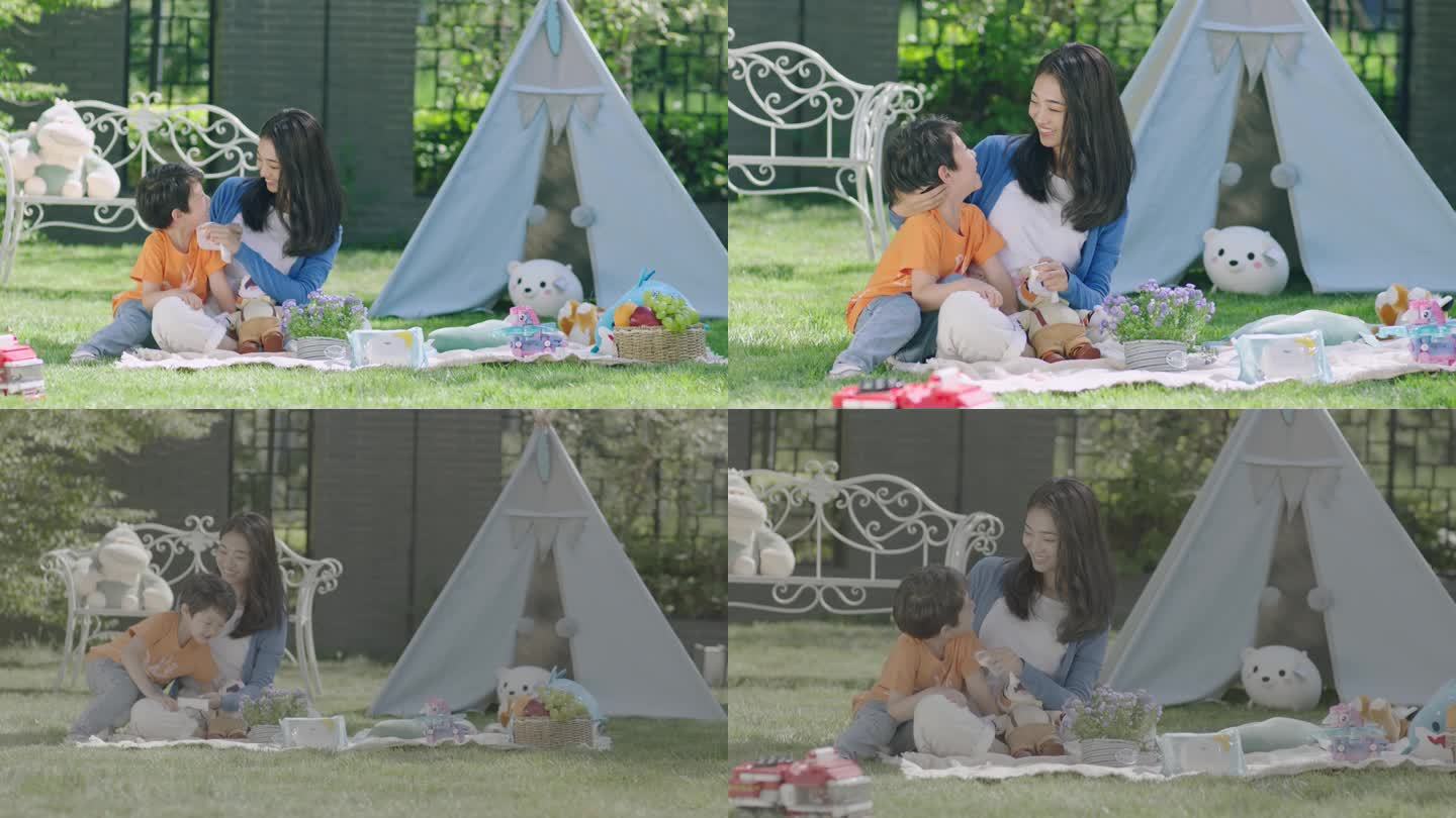妈妈和孩子 玩耍 帐篷 草地