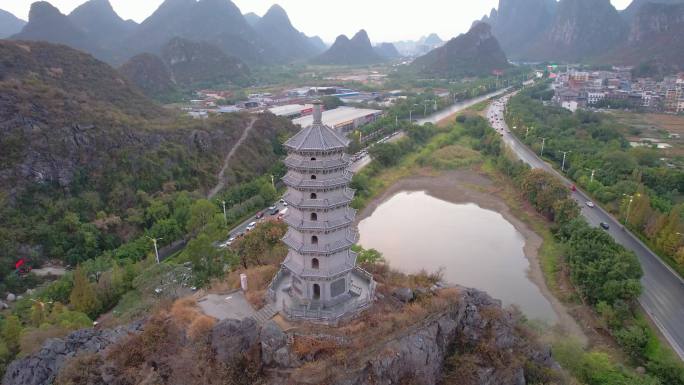 桂林山水桂林塔桂林之眼喀斯特风光夕阳航拍