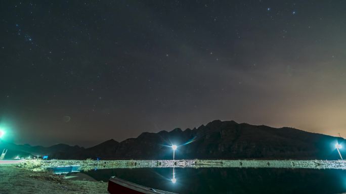 河北易水湖小船星空月升延时摄影