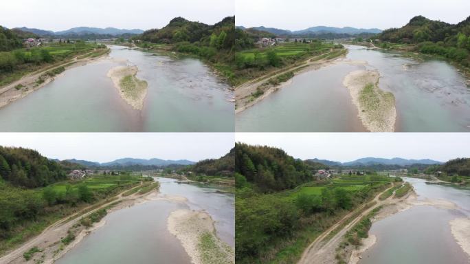 航拍茶旅小镇茶庵铺溪流茶园春天河流4K