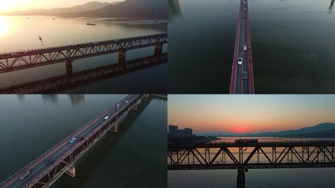 航拍夕阳下钱塘江大桥
