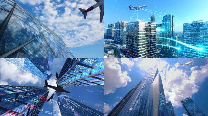 广州地标建筑智慧城市科技感飞机飞过楼顶