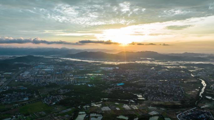 4k珠海斗门镇日落夕阳光线变化航拍延时