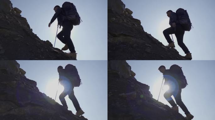 登山脚步  逆光行走 攀登手特写镜头