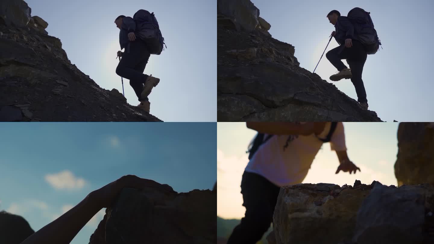 登山脚步特写攀登阳光运动皮鞋登山包
