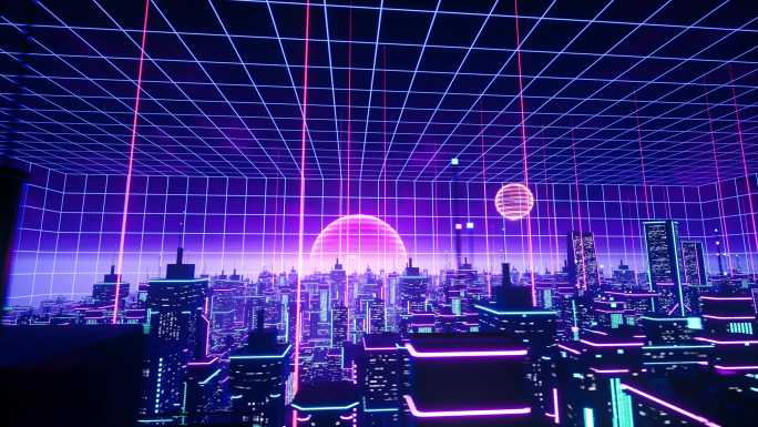 赛博朋克虚拟城市霓虹荧光都市穿梭场景素材