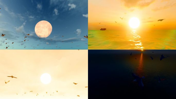 夕阳和月色下的海鸥在大海自由飞翔