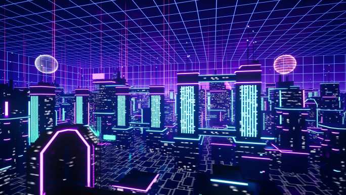 赛博朋克虚拟城市穿梭荧光霓虹建筑意象2