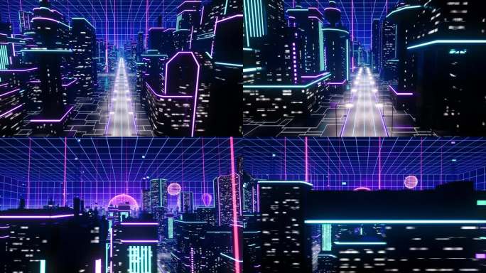 荧光霓虹三维都市赛博朋克科幻虚拟空间素材