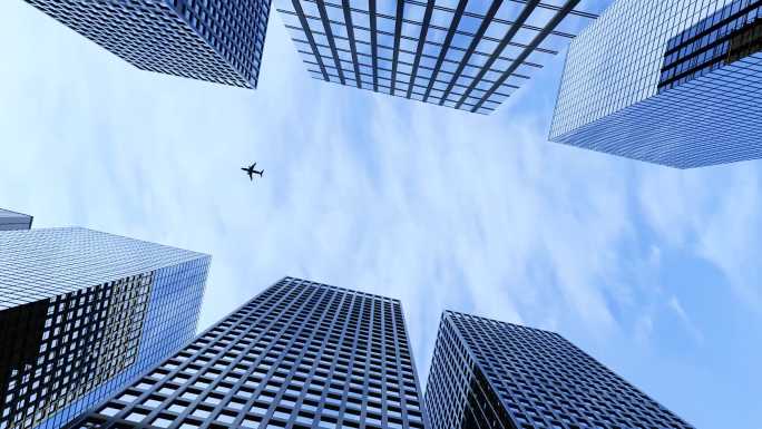 4k大气飞机飞过城市金融楼顶