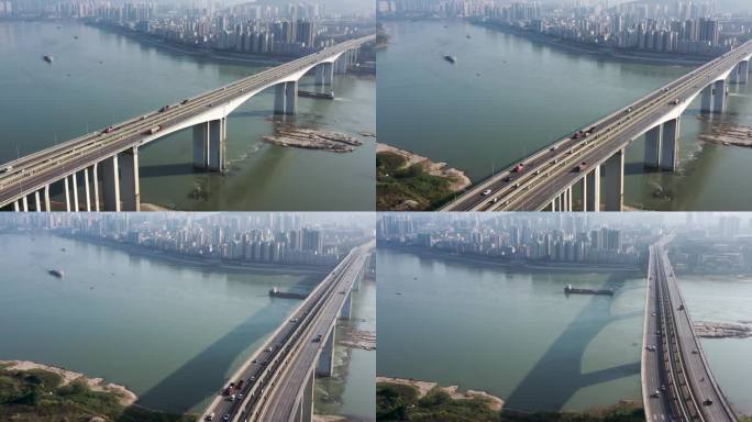 重庆鱼洞长江大桥船舶穿过桥梁航拍