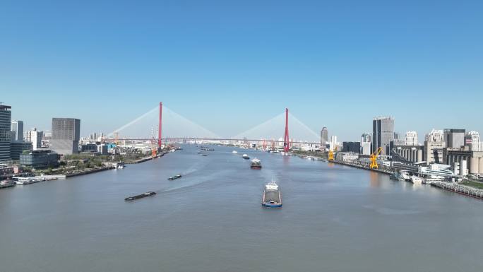 4K原素材-航拍上海黄浦江货船、杨浦大桥