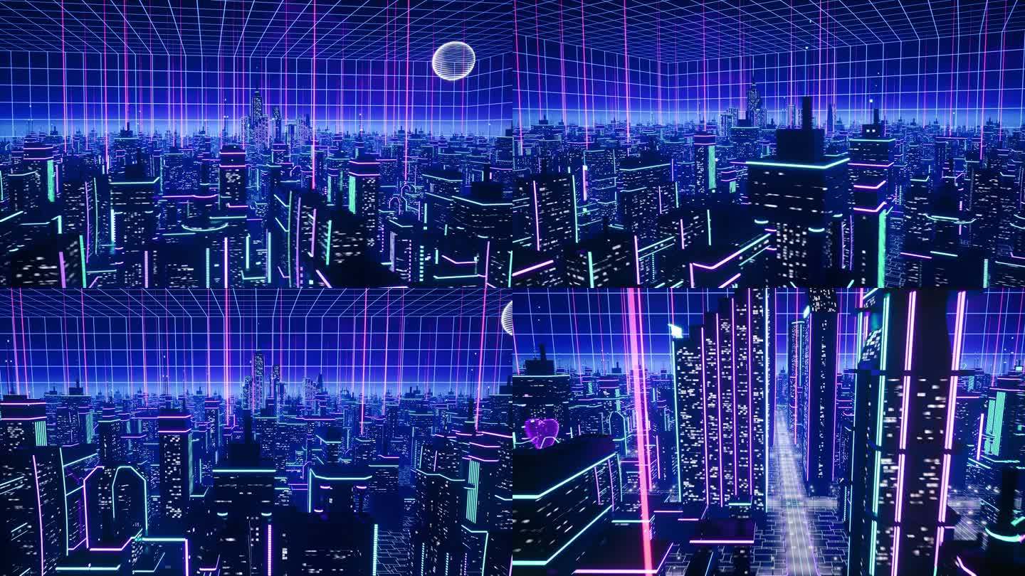 荧光霓虹三维都市赛博朋克科幻空间vj元素