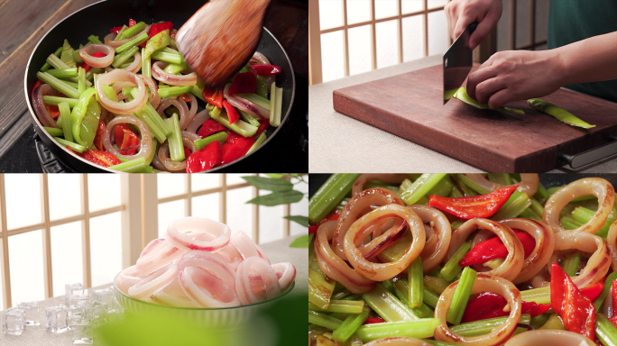 中式家常炒菜芹菜炒鱿鱼圈烹饪过程