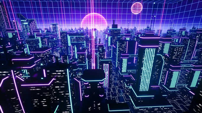 荧光霓虹三维都市赛博朋克科幻虚拟空间2