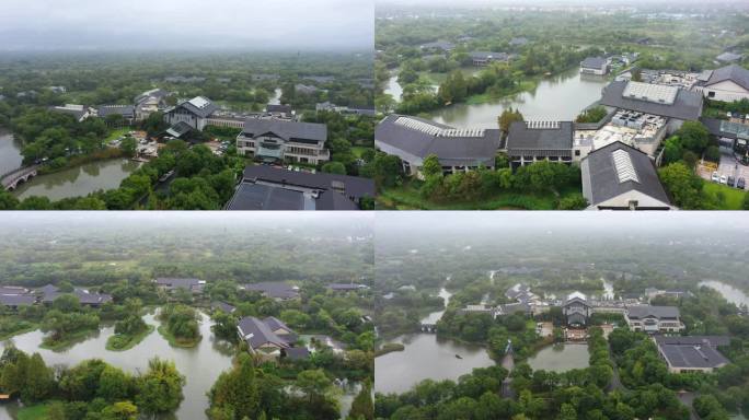 4k航拍烟雨朦胧的西溪宾馆