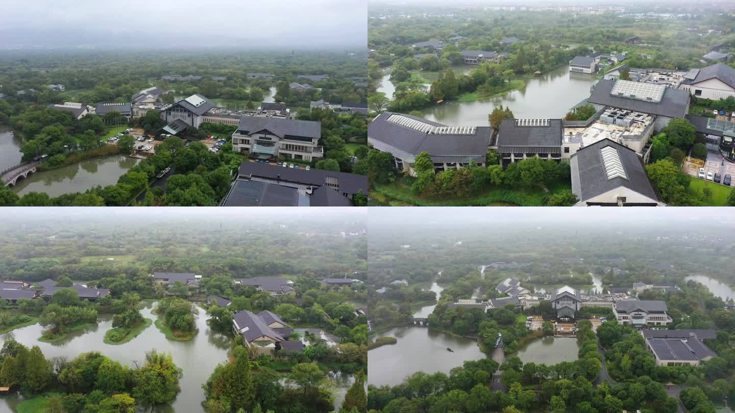 4k航拍烟雨朦胧的西溪宾馆