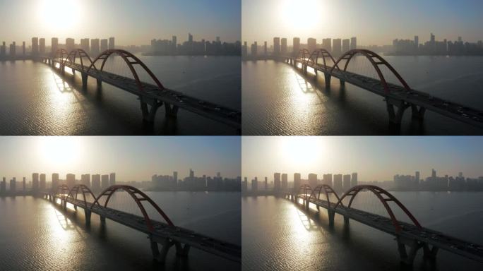 长沙福元路大桥清晨日出唯美航拍