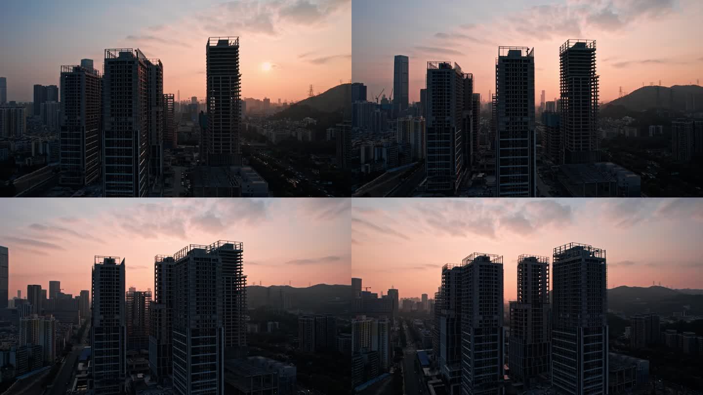 4K航拍深圳中洲铂玺坊建设夕阳时刻
