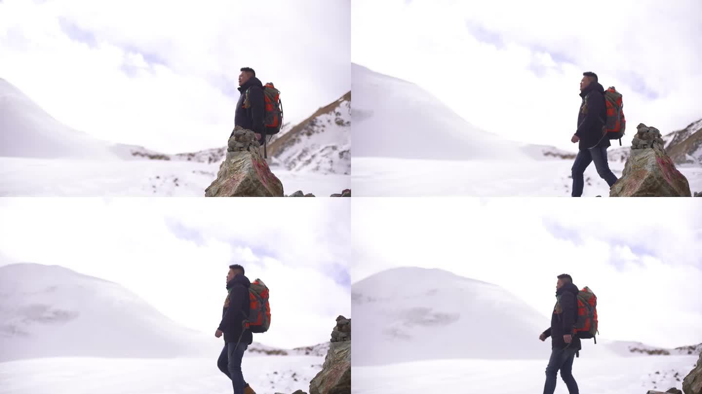 凌晨登雪山 打电筒光 早晨阳光