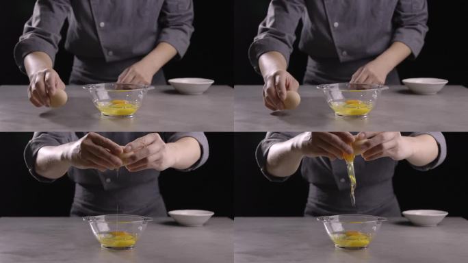 厨师打鸡蛋到玻璃碗慢动作特写