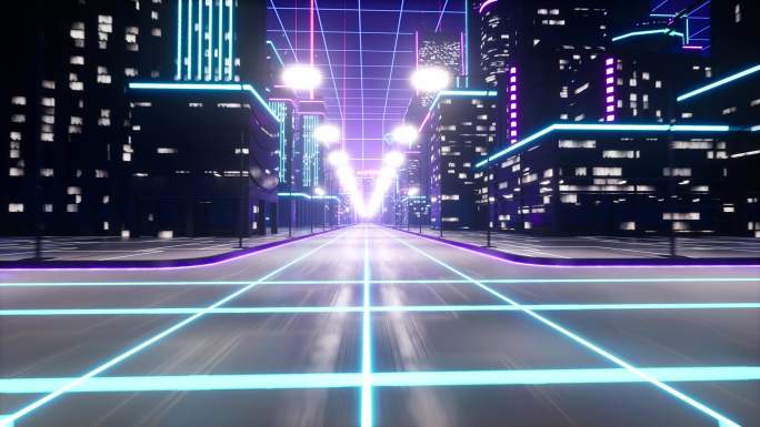 赛博朋克虚拟城市穿梭荧光霓虹建筑意象vj