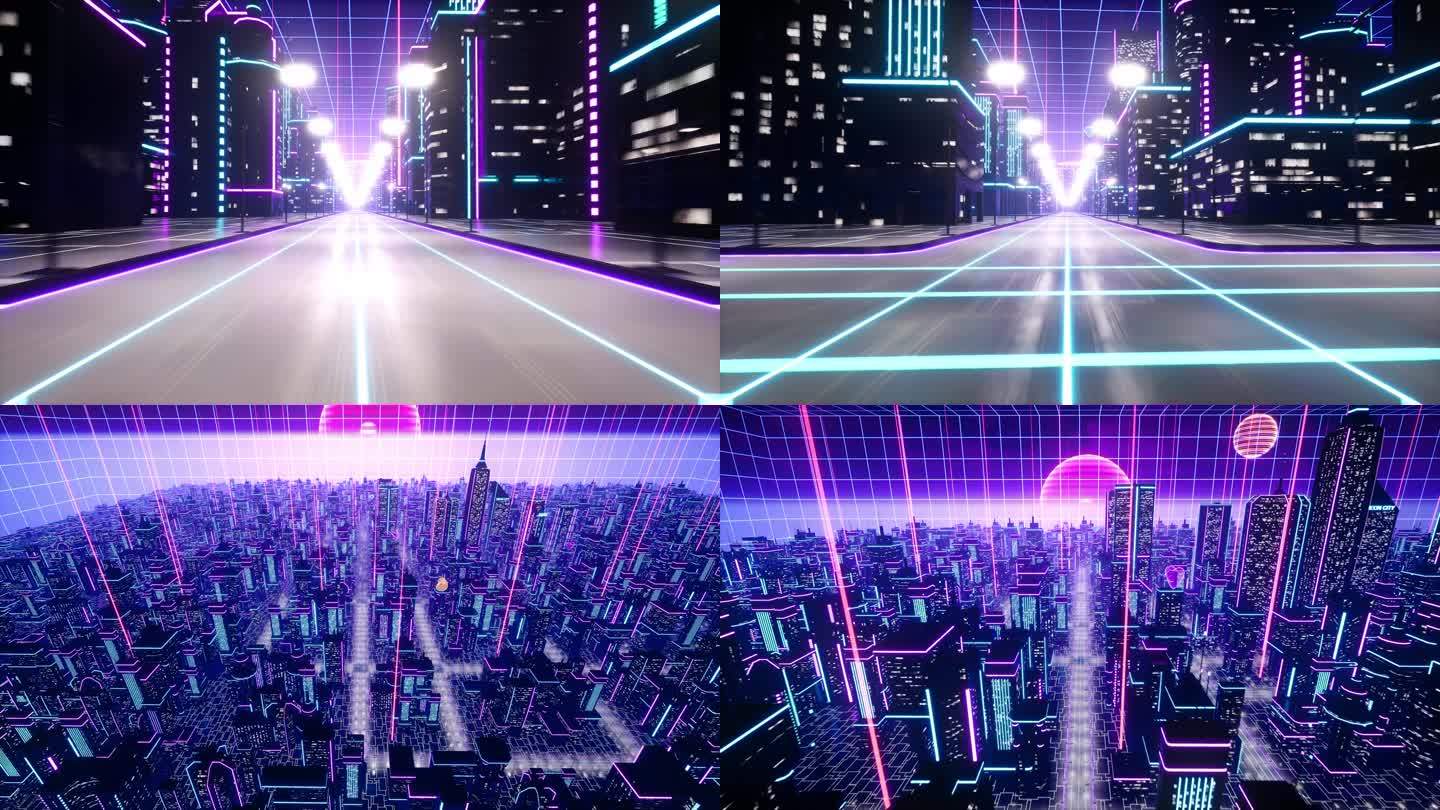 赛博朋克虚拟城市穿梭荧光霓虹建筑意象vj