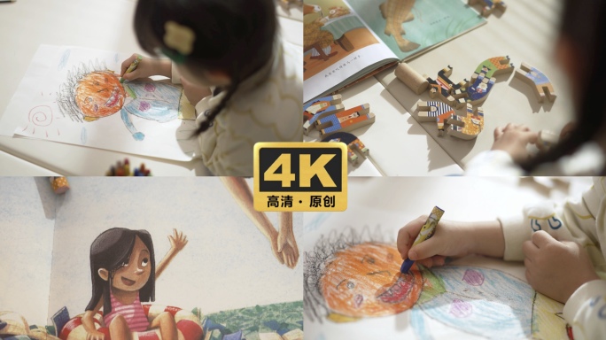 4k儿童画画小女孩