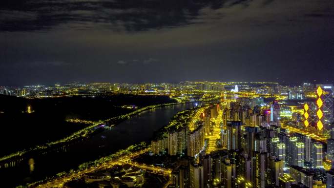 4K延时航拍南宁五象邕江夜景