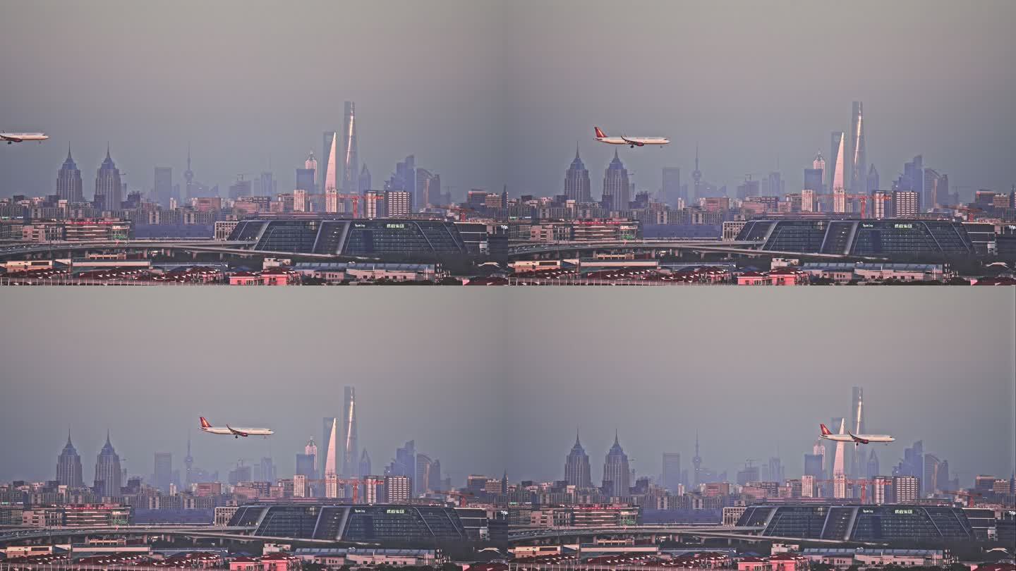 实拍上海城市陆家嘴飞机飞过城市