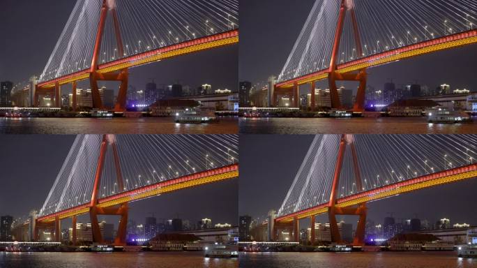4K夜晚游船经过杨浦大桥