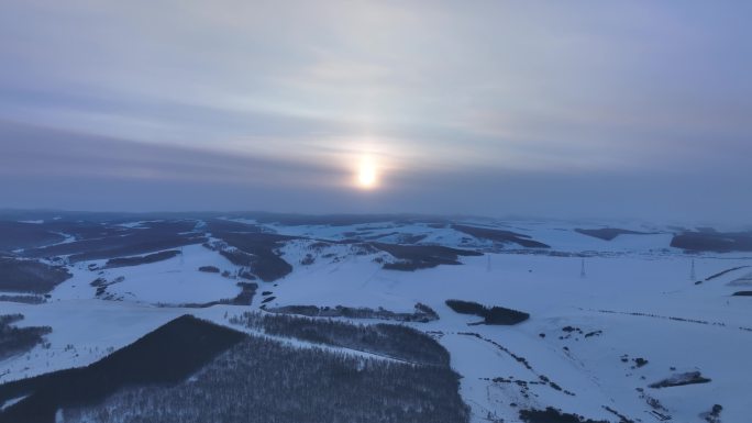 航拍4K内蒙古苍茫雪原夕照