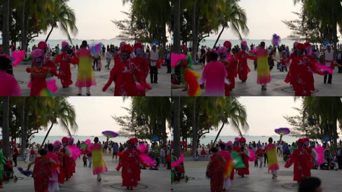 海南三亚湾海边跳秧歌舞