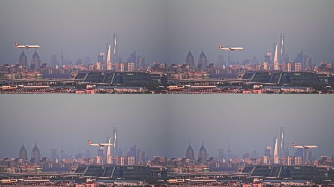 实拍上海城市陆家嘴飞机飞过城市