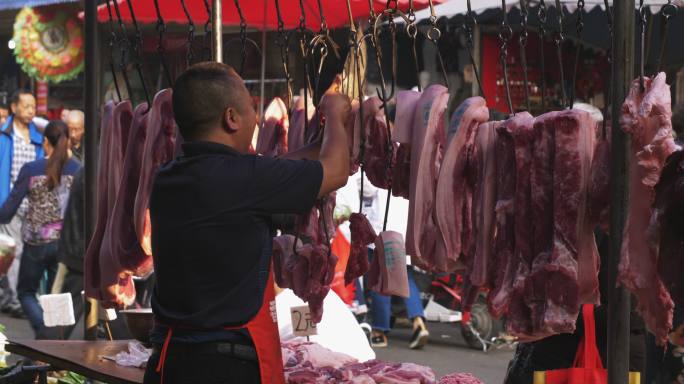 成都露天菜市场生猪肉摊位城市早市人间烟火