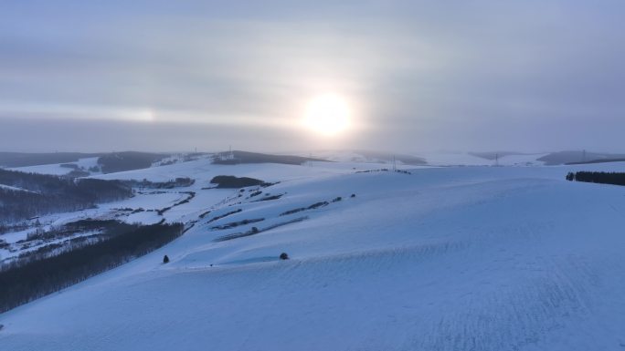 航拍4K内蒙古苍茫雪原夕照