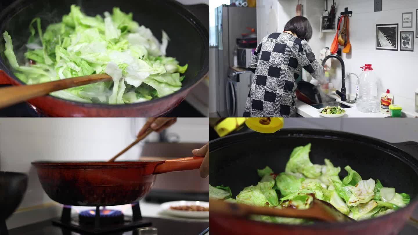 妇女在家做饭   炒菜  切菜  做饭