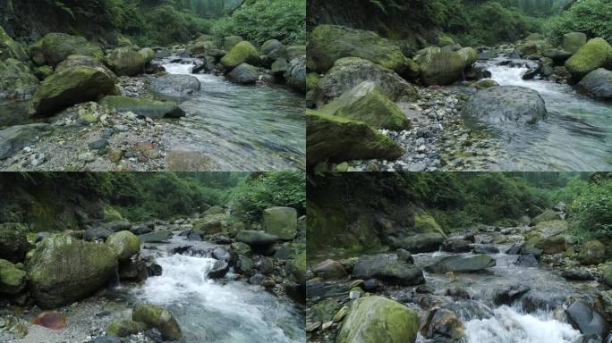 航拍峨眉山后山大山深处清澈溪流自然风景