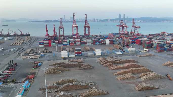 航拍厦门港海运招银港区散货码头木材堆场