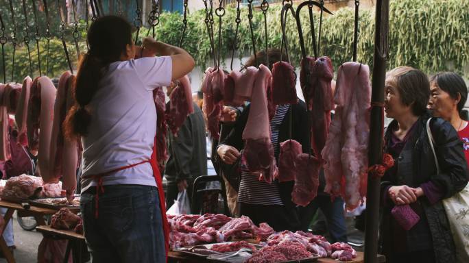 成都露天菜市场生猪肉摊位城市早市人间烟火