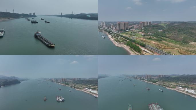 长江宜昌段江面风景和轮船及两岸