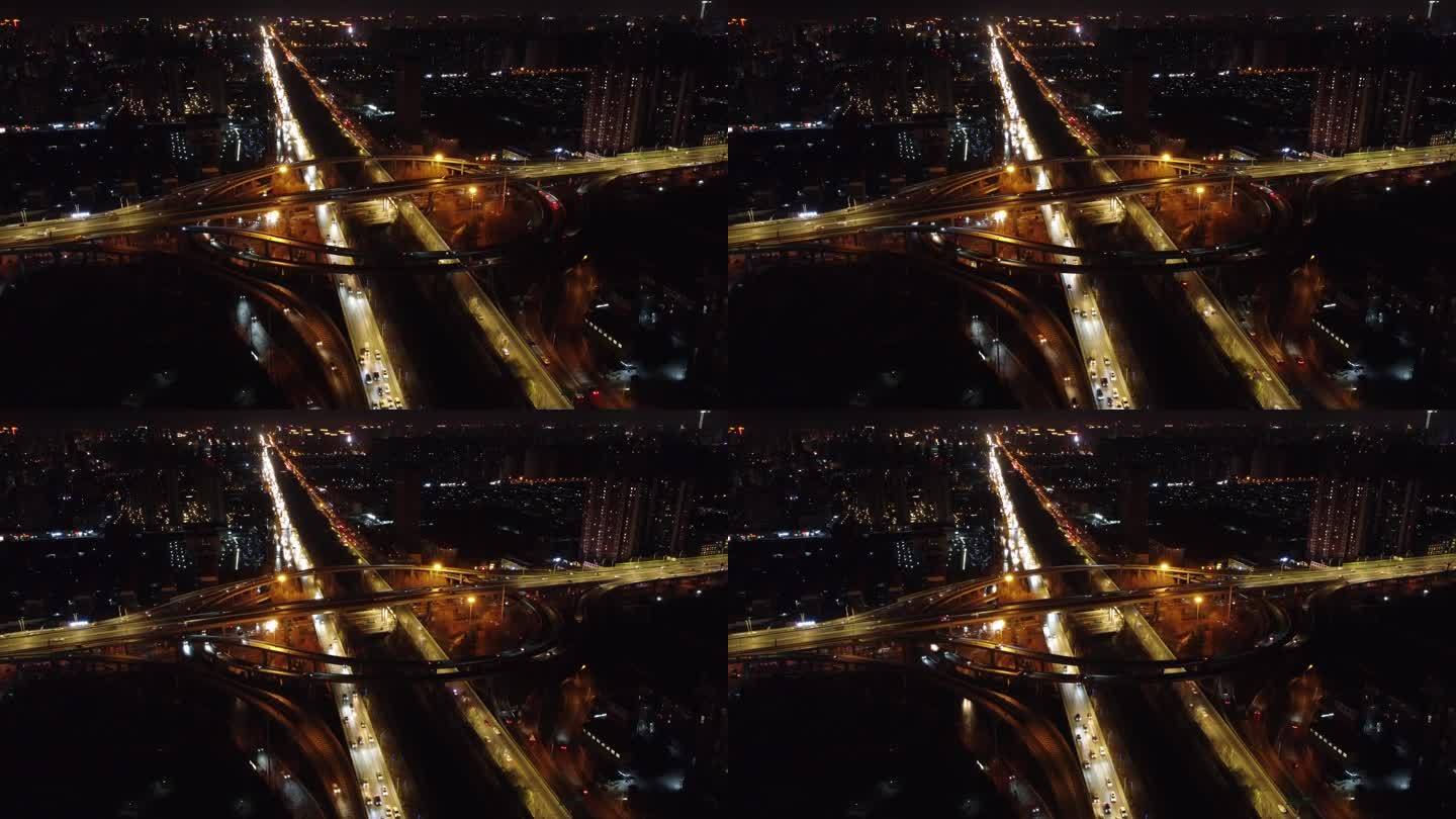 夜晚的石家庄城市立交桥夜景航拍