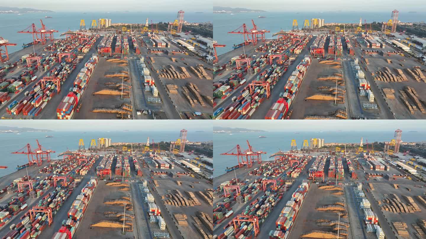 航拍厦门港海运招银港区散货码头木材堆场